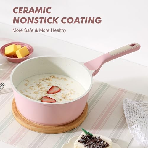 SENSARTE 2QT Ceramic Nonstick Saucepan with Lid, PTFE/PFAS Free, Pink