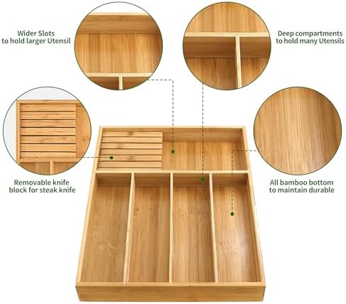 VaeFae Bamboo Silverware Drawer Organizer, 5 Slots, Natural