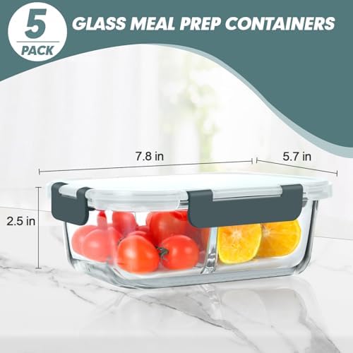 KOMUEE 30 oz 5 Pack Glass Meal Prep Containers 2 Compartments