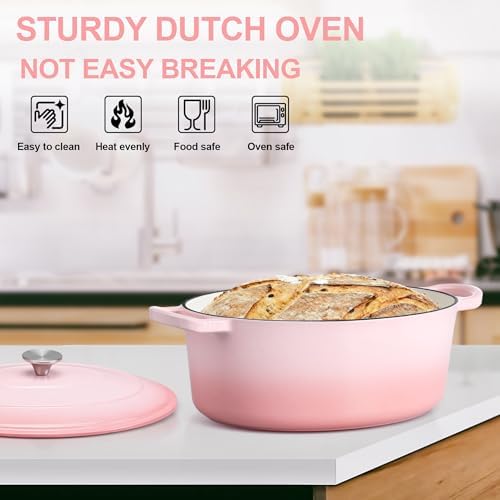 E-far 7QT Oval Dutch Oven Pot with Lid, Pink Enameled Cast Iron Dutch Oven