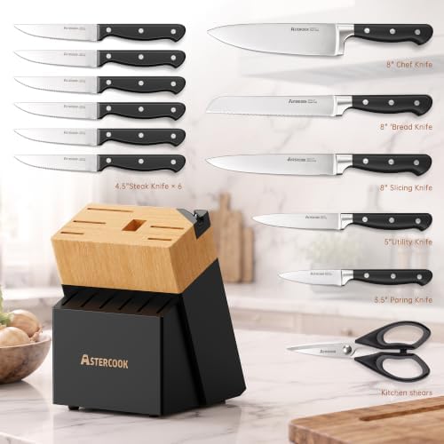 Astercook Kitchen Knife Set Full Tang with Block and Sharpener Elegant