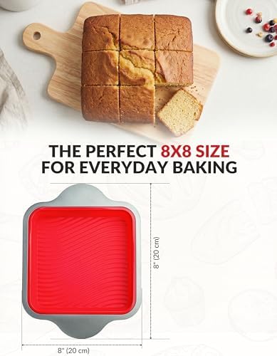 Boxiki Kitchen Non-Stick Silicone 8x8 Square Cake and Brownie Pan with Easy Grip Steel Frame Handles - Easy to Release, Oven & Dishwasher Safe