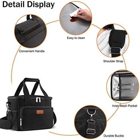 Femuar Lunch Bags for Women/Men, Insulated Lunch Bag for Work Office Picnic - Large Lunch Cooler Bag Leakproof Lunch Box with Adjustable Shoulder Strap for Adults - Black(15L)