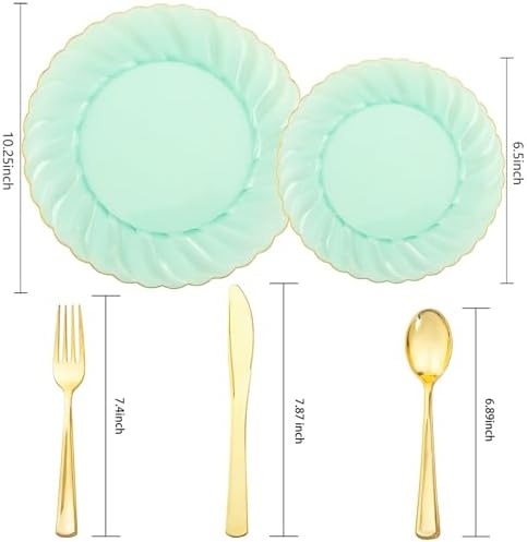 YOUBET 125PCS Clear Green Plastic Plates with Gold Rim for Wedding Party