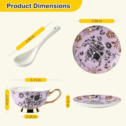 Bone China Tea Cup and Saucer Set for 1 with Spoon, Floral, 6.76 oz
