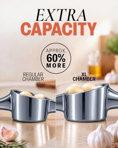 Zulay Kitchen Large Premium Garlic Press Set - Bigger Bowl for Bigger Garlic - Rust Proof Garlic Mincer Tool - Easy-Squeeze, Easy-Clean Silicone Garlic Peeler & Brush (Slate)