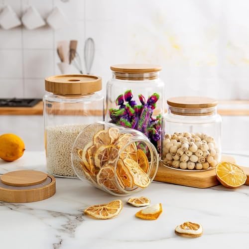 3 Pack 1200 ml / 42 oz clear cute glass storage canister holder with airtight bamboo lid, modern decorative small container jar for coffee, spice, candy, salt, cookie, condiment, pepper, sugar