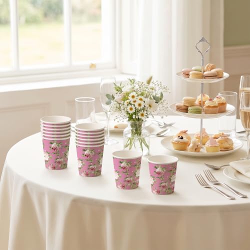 RUSPEPA 3oz Vintage Floral Paper Cups, 100 Pack Pink White Flower and Green Vine Design Disposable Small Party Cup for Bathroom, Mouthwash, Espresso, Wedding, Bridal Shower, Garden Tea Party Supplies