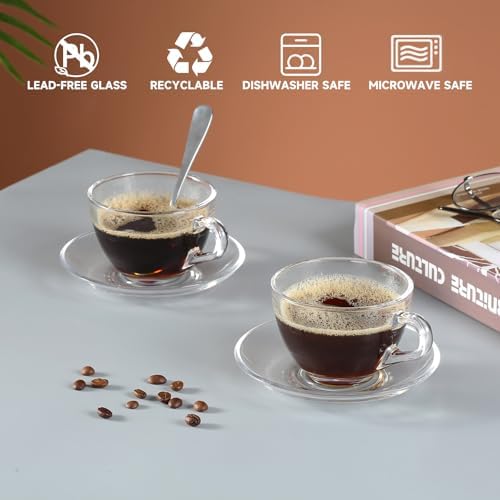 Glass Teacup and Saucer Set, 6 Pack Coffee Mug with Stainless Steel Spoon Suitable for Espresso Juice Cappuccino and More Beverage, 7OZ/210ML, Clear