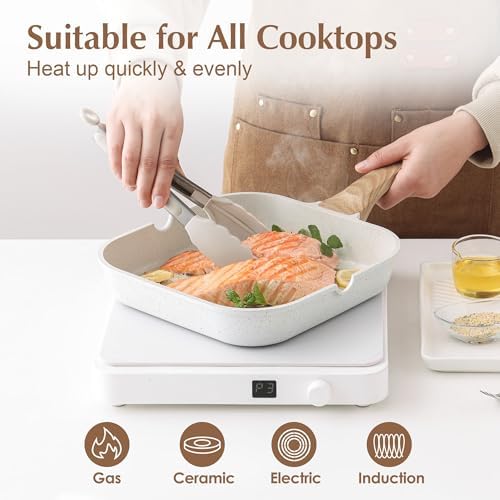 SENSARTE Nonstick Ceramic Grill Pan for Stove Tops, Versatile Square Grilling Pan with Pour Spouts, Durable Grill Skillet for All Stoves (Gas, Electric, Induction) Non-toxic PTFE/PFAS/PFOA Free