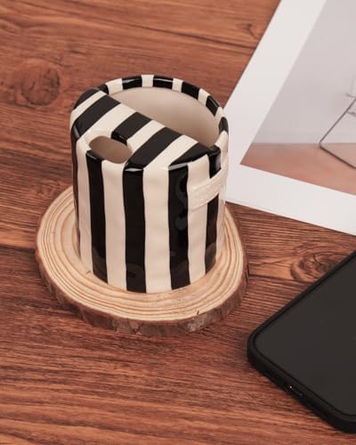 Coffee Mug Espresso Cup 10oz Ceramic Coffee Mugs Porcelain Coffee Cup Hand-Painted Striped Art Multiple Use for Kitchen, Dining-Black