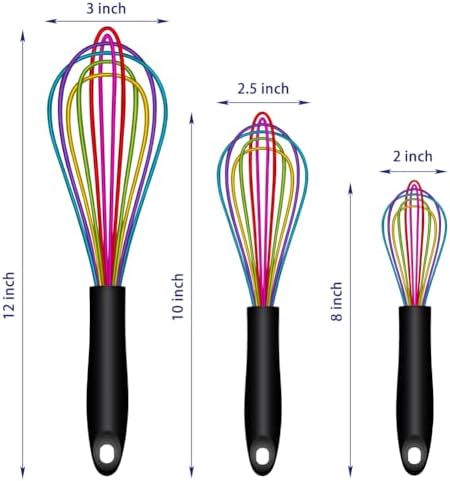 OYV Rainbow Silicone Whisk Set of 3, 8/10/12 Inch, Dishwasher Safe,Colorful