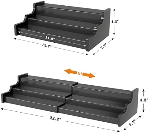 Spice Rack Organizer For Cabinet - 3 Tier Black Bamboo Wooden Expandable Display Shelf from 12.70 to 22.20 inch