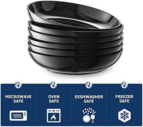 Y YHY Pasta Bowls 30oz, Large Salad Serving Bowls, Shallow Soup Bowls, Porcelain Pasta Bowls Set of 6, Microwave Dishwasher Safe, Black