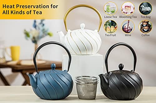Tea Kettle, TOPTIER Japanese Cast Iron Teapot with Infuser, Cast Iron Tea Kettle Stovetop Safe, Wave Design Teapot Coated with Enameled Interior for 30 Ounce (900 ml), Midnight Black