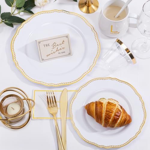 Hioasis 175 Pcs White and Gold Plastic Plates Wedding & Party
