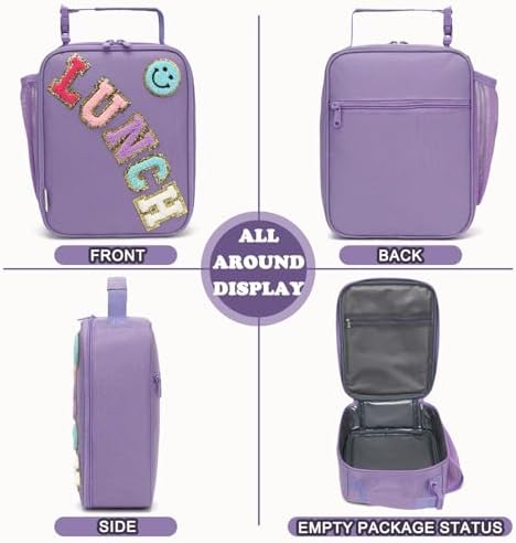 FlowFly Lunch box Insulated Soft Bag Mini Cooler Back to School Thermal Meal Tote Kit With Buckle and Mesh Side Pocket for Girls, Boys, PurpleWithLetter