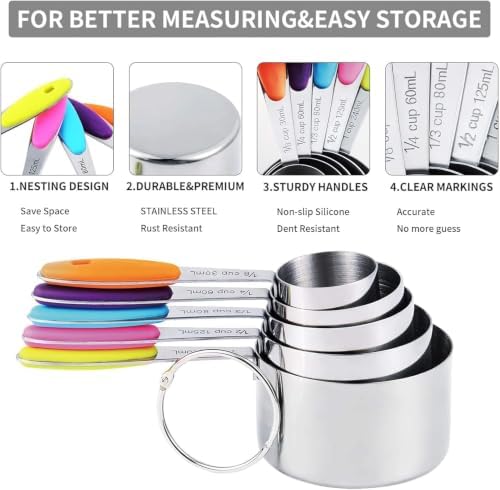 TILUCK Nesting Measuring Cups and Spoons Set, Stainless Steel with Soft Silicone Handle – Heavy Duty & Dishwasher Safe for Measuring Dry/Liquid Ingredients, Ideal for Cooking & Baking (14)