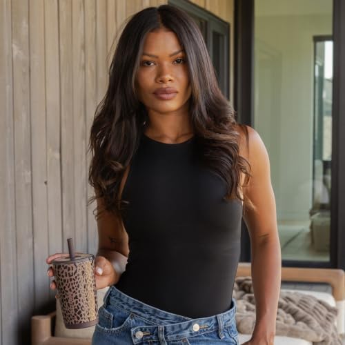 HydroJug Everyday Tumbler 14 oz, Ceramic-Lined Straw Cup, Brown Leopard