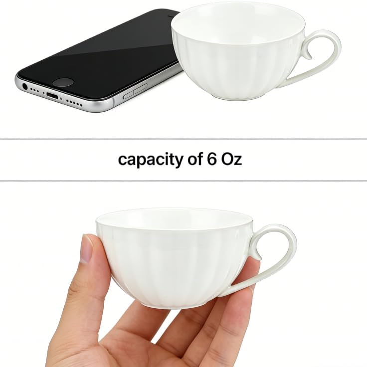 Yesland Set of 6 Royal Tea Cups and Saucers, 6 oz White Porcelain Tea Set & British Coffee Cups, White Latte Cups and Espresso Mug for Specialty Coffee Drinks, Latte, Cafe Mocha, Tea
