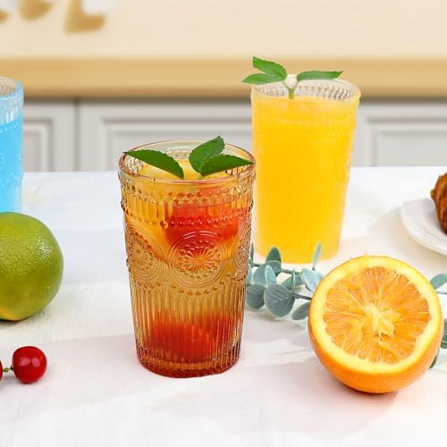 Loivttvv 6pcs Vintage Drinking Glasses Set, 12 oz Amber Highball Glasses, Embossed Ribbed Glassware Cups for Thanksgiving Cocktail, Juice, Whiskey