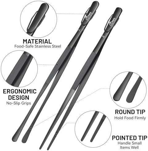 HOTEC Kitchen Tweezers Stainless Steel Cooking Tweezers 2 Pcs-12", Black