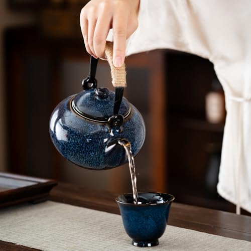 Japanese Teapot with Infuser Ceramic Tea Pot with Removable Stainless Steel Filter for Loose Tea 25 OZ/750ml for Office Home Men Women as Gift Blue