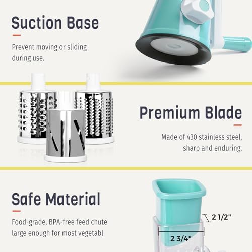 X Home Rotary Cheese Grater for Kitchen, Shredder with 3 Interchangeable Blades, Rotary Grater with Handle and Strong Suction Base, for Vegetables, Fruit, Nuts, Easy to Use and Clean, Blue (Pack of 2)
