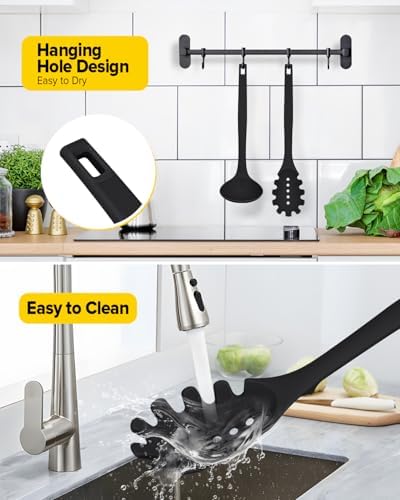 BUNDLEPRO Silicone Soup Ladle and Pasta Spoon Set, One-Piece, 2 Pack, Black