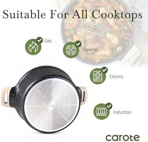 CAROTE Nonstick Stock Pot with Lid, 6 Quart Black Granite Casserole