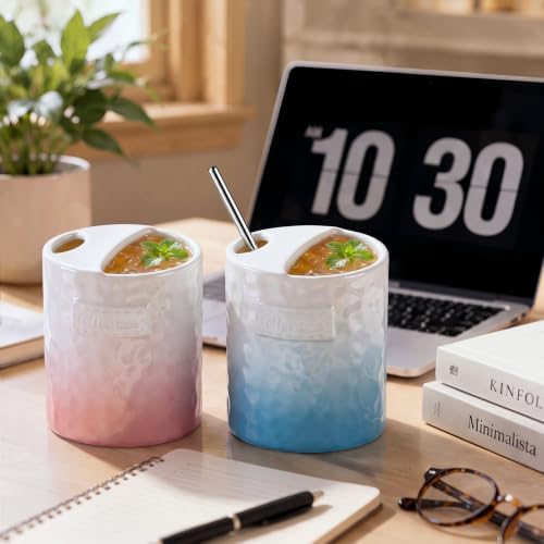 2 Pack Ceramic Coffee Mug with Sip Hole, Gradient, Pink, Blue