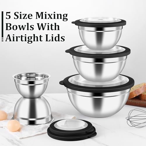 P&P CHEF Metal Mixing Bowls with Lids Set, Visible Airtight Lids & Black