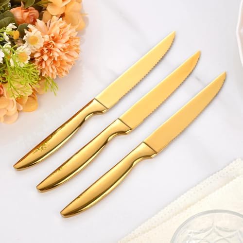 Gold Steak Knives Set of 8, Stainless Steel Kitchen Serrated Steak Knives