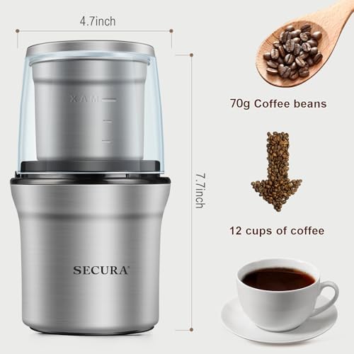 Secura Electric Coffee Grinder and Spice Grinder with Stainless Steel Blades, 1 Removable Bowl, Stainless (Pack of 4)