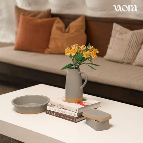 MORA Ceramic Pie Pan for Baking - 9 inch - Deep and Fluted Pie Dish for Old Fashion Apple Pie, Quiche, Pot Pies, Tart, etc - Modern Farmhouse Style Porcelain Ceramic Pie Plate - Peppercorn