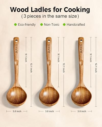 3PCS RAVS Wooden Ladle for Soup, 100% Natural Acacia Wood with 12.1" Long Handle, No-Scratch Cookware Surface, Wooden Soup Ladle for Cooking, Gravy, Sauce, Porridge