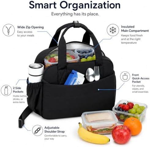 CAMTOP Lunch Box for Women Men Insulated Lunch Bag Lunch Tote Bag Leakproof Thermal Cooler Large Capacity for Travel Work School Picnic (Black, Medium)