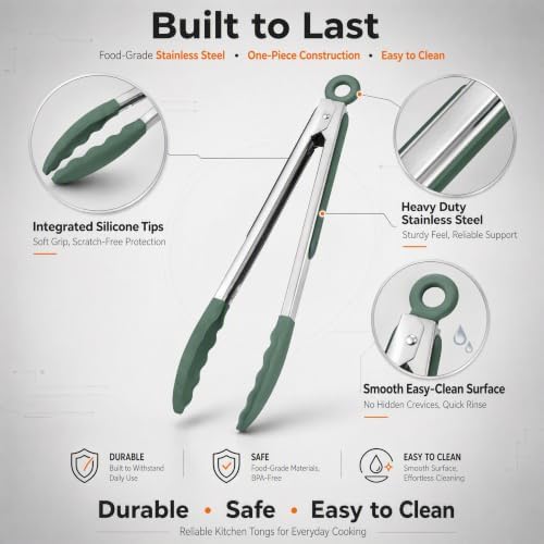 Kitchen Tongs with Silicone Tips, Locking Cooking Tongs, Set of 3