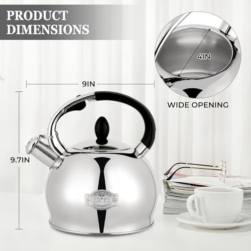 SUSTEAS Whistling Tea Kettle, 2.7QT Food-Grade Steel Teapot, SILVER