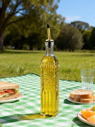 1 Pcs Olive Oil Dispenser Bottle for Kitchen,17oz Clear Glass Cooking Oil and Vinegar Dispenser Set, Coffee Syrup Dispenser with 1 Pourers and 1 Funnel (One square)