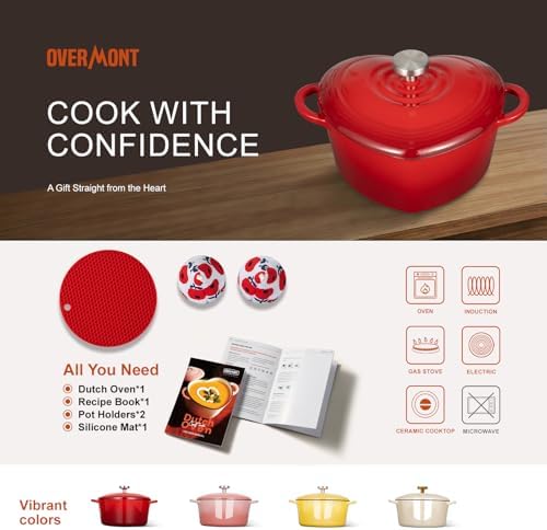 Overmont Enameled Cast Iron Dutch Oven - 2QT Heart-Shaped Mini Pot with Lid