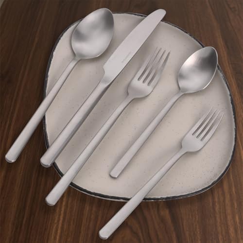 KINGSTONE 40 Piece Silverware Set, Flatware Set for 8, 18/10 Stainless Steel Cutlery Set Mirror Polished Modern Design Dishwasher Safe, Matte Silver