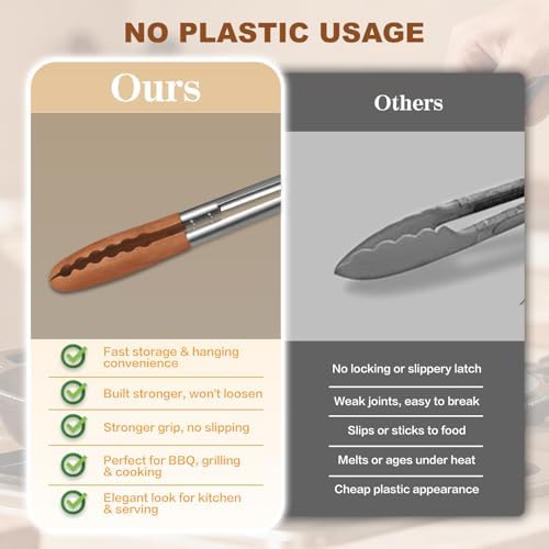 9"+12"+16" Wooden Tongs for Cooking – Locking Wooden Tongs with Non-Slip Handles & Hanging Hole, Wood Tip Serving Tongs for BBQ, Salad & Grilling (9"+12"+16")