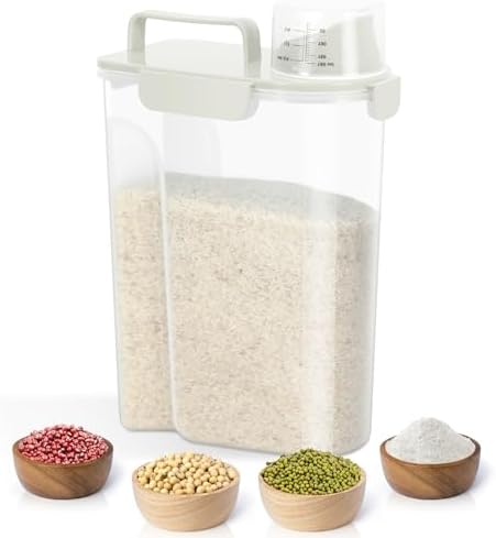 TBMax Airtight Rice Container 10 Lbs, Cereal Dispenser, Pet Cat Dog Food Storage Container, Plastic Kitchen Pantry Food Storage Holder with Cup -Beige
