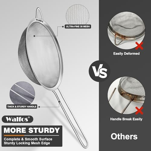 Walfos 4.6 Inch Fine Mesh Strainer, Premium Stainless Steel Colanders and Sifters, with Reinforced Frame and Sturdy Handle, Perfect for Sift, Strain, Drain and Rinse Vegetables, Pastas and Tea