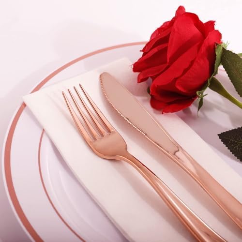 WDF 300 Pieces Rose Gold Plastic Silverware- Disposable Flatware Set - Heavy Duty Plastic Cutlery Includes 100 Forks, 100 Spoons, 100 Knives Perfect for Wedding/Party/Birthday