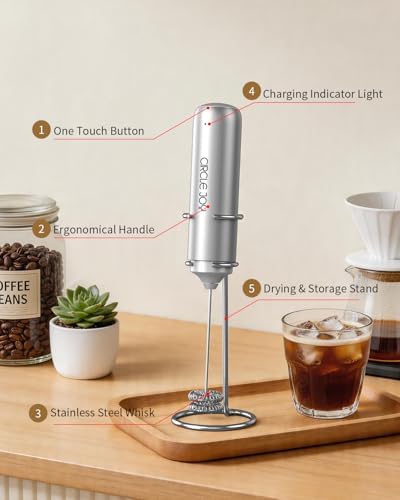 CIRCLE JOY Rechargeable Milk Frother Handheld with Stand,Dual Spring Whisk Electric Coffee Frother Wand, Portable Hand Frother Drink Mixer for Matcha Lattes Cappuccino, Coffee Lover Gift, Silver
