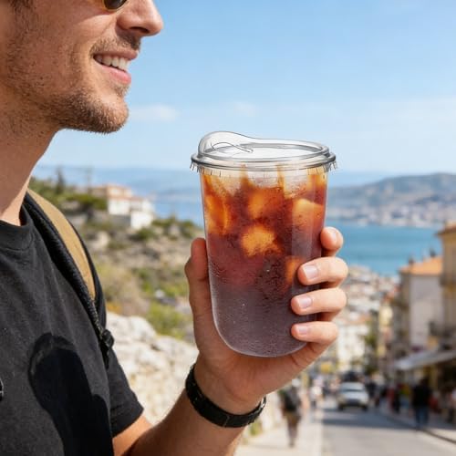 50 Pack 18 oz Clear Plastic Iced Coffee Cups with Strawless Sip Lids