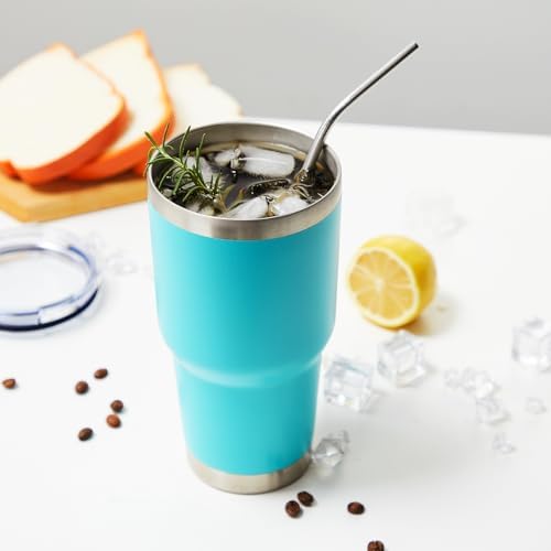 MEWAY 30oz Insulated Tumbler With Lids and Straws,Stainless Steel Double Vacuum Coffee Tumbler Cup, Brush, Durable Powder Coated Coffee Cup for Cold & Hot Drinks(Light Blue,8 PACK)