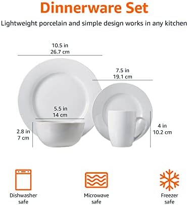 Amazon Basics 16-Piece Porcelain Dinnerware Set, Microwave and Dishwasher Safe, Service for 4, Plates, Bowls and Mugs, White